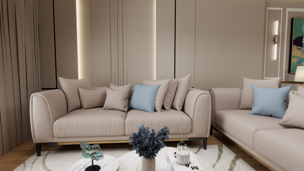 Elegant beige living room featuring plush sofas, accent pillows, and contemporary decor.